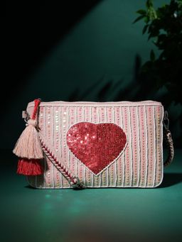 Anekaant - Amour Natural and Multi Cotton Canvas and Jacquard Heart Embellished Sling Bag