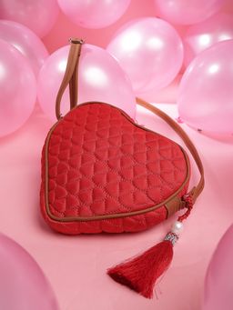 Anekaant - Amour Valentine Red and Tan Polyester and Vegan Leather Chevron Quilted Sling Bag