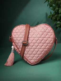 Anekaant - Amour Dusty Pink and Tan Polyester and Vegan Leather Chevron Quilted Sling Bag