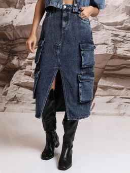 TOKYO TALKIES - A-Line Pure Cotton Denim Cargo Midi Skirt