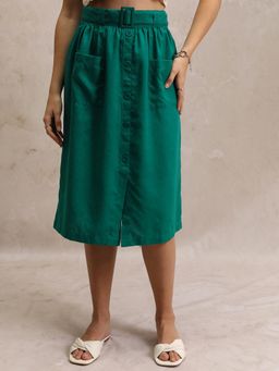 TOKYO TALKIES - Solid Buttoned Midi Skirt with Belt (Set of 2)