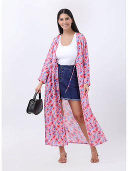 ANVI Be Yourself - Floral Printed Pink Gathered Front Open Georgette Longline Shrug