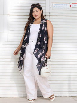 KASSUALLY - Plus Size Floral Printed Sleeveless Shrug