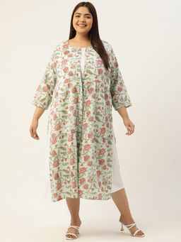 theRebelinme - Plus Size Womens Sea Green Floral Print Layered A-Line Midi Dress