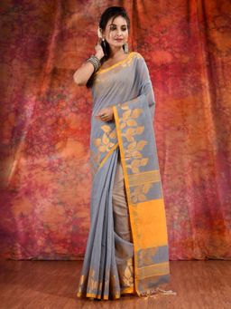 CHARUKRITI - Grey Blended Cotton Handwoven Saree with Texture Design and Unstitched Blouse