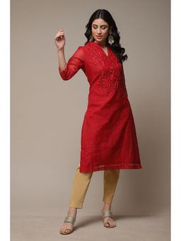 Biba - Womens Red Printed Poly Chanderi Straight Kurta