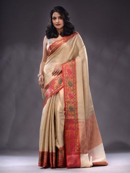 CHARUKRITI - Beige Katan Silk Handwoven Saree With Unstitched Blouse