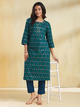 Fabindia - Blue Printed Regular Kurta and Pant