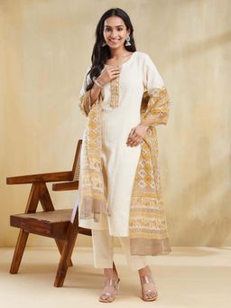 Fabindia - Mustard Floral Regular Kurta with Pant and Dupatta