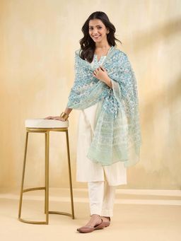 Fabindia - Beige Floral Regular Kurta with Pant and Dupatta