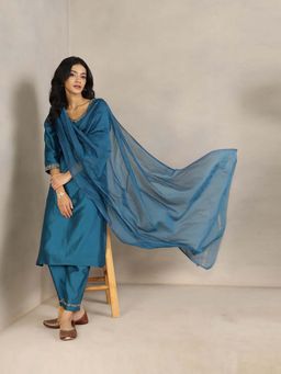 Fabindia - Teal Floral Regular Kurta with Pant and Dupatta