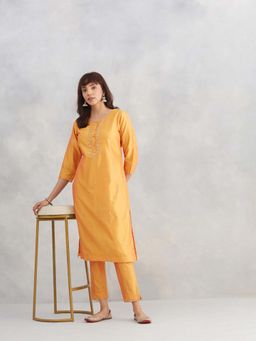 Fabindia - Yellow Floral Regular Kurta and Pant