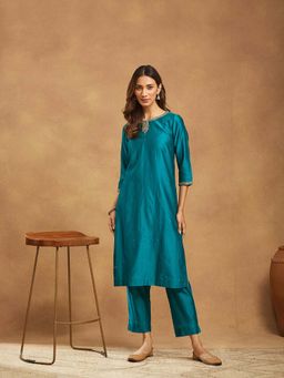 Fabindia - Teal Embroidered Regular Kurta and Pant