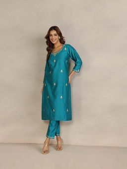 Fabindia - Teal Floral Regular Kurta and Pant