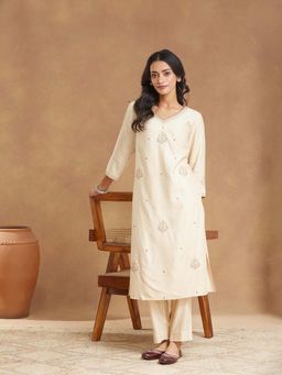Fabindia - Beige Embroidered Regular Kurta and Pant