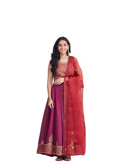 Fabindia - Maroon Stripes Regular Lehenga with Choli and Dupatta