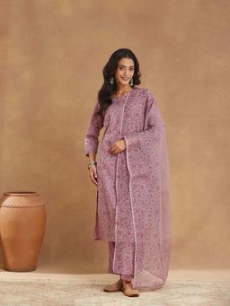 Fabindia - Lavender Floral Regular Kurta with Pant and Dupatta
