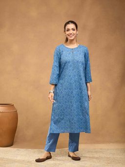 Fabindia - Blue Floral Regular Kurta and Pant