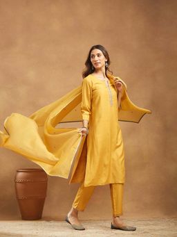 Fabindia - Mustard Embroidered Regular Kurta with Pant and Dupatta