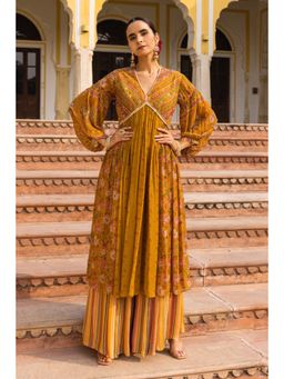 Sandhya Shah - Mustard Ghoomar Gathered Kurta with Palazzo (Set of 2)