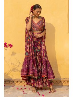 Sandhya Shah - Purple Seher Blouse with Cape and Sharara (Set of 3)