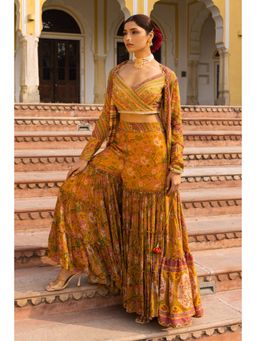 Sandhya Shah - Mustard Meher Hand Embroidered Blouse with Jacket and Sharara (Set of 3)