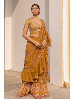 Sandhya Shah - Mustard Damini Ruffle Pre-Draped Saree with Stitched Blouse