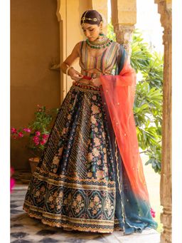 Sandhya Shah - Green Emerald Empress Silk Lehenga with Blouse and Dupatta (Set of 3)