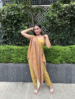 Sandhya Shah - Mustard Amaya Cape with Jumpsuit (Set of 2)
