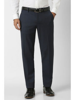 Van Heusen - Men Navy Blue Checks Polyester Blend Formal Trouser