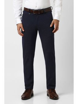 Van Heusen - Men Navy Blue Checks Rayon Blend Formal Trouser
