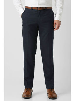 Van Heusen - Men Navy Blue Checks Polyester Blend Formal Trouser