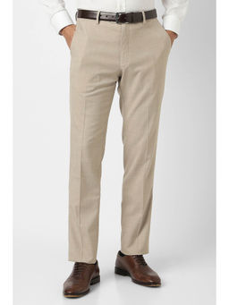 Van Heusen - Men Beige Solid Cotton Blend Formal Trouser