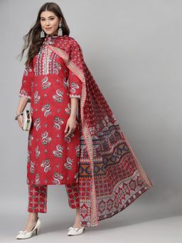QOMN - Red Embroidered Kurta (Set of 3)