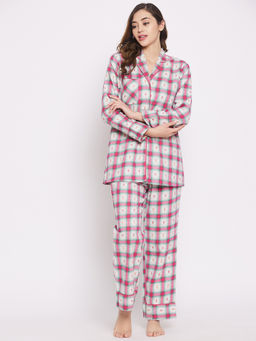 The Kaftan Company - Printed Brushed Cotton Checkered Loungeset - White