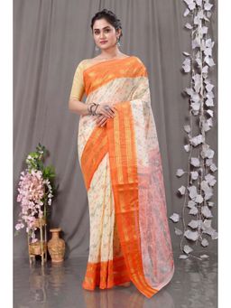 DipDiya - Orange Pure Cotton Traditional Bengali Rashi Printed Tant Saree Without Blouse