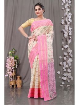 DipDiya - Pink Pure Cotton Traditional Bengali Rashi Printed Tant Saree Without Blouse