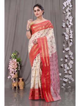 DipDiya - Red Pure Cotton Traditional Bengali Rashi Printed Tant Saree Without Blouse