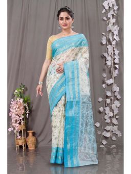 DipDiya - Sky Blue Pure Cotton Bengali Rashi Printed Tant Saree Without Blouse
