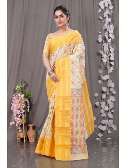 DipDiya - Yellow Pure Cotton Traditional Bengali Rashi Printed Tant Saree Without Blouse