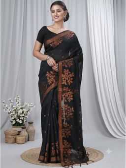 DipDiya - Black Blended Cotton Traditional Bengali Tina Handloom Saree Without Blouse