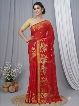 DipDiya - Red Blended Cotton Traditional Bengali Tina Handloom Saree Without Blouse