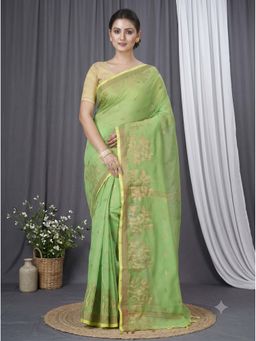 DipDiya - Green Blended Cotton Traditional Bengali Tina Handloom Saree Without Blouse