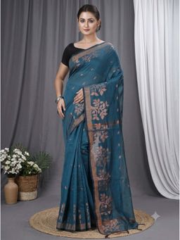 DipDiya - Botel Green Blended Cotton Traditional Bengali Tina Handloom Saree Without Blouse
