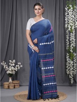 DipDiya - Blue Pure Cotton Traditional Bengali Tika Applique Saree Without Blouse