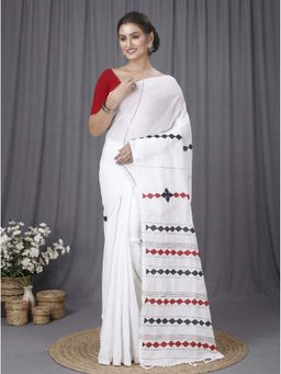 DipDiya - White Pure Cotton Traditional Bengali Tika Applique Saree Without Blouse