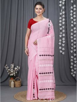 DipDiya - Pink Pure Cotton Traditional Bengali Tika Applique Saree Without Blouse