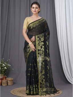 DipDiya - Black Blended Cotton Traditional Bengali Turki Handloom Saree Without Blouse