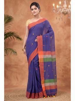 DipDiya - Blue Pure Cotton Traditional Bengali Classic Handloom Saree with Unstitched Blouse