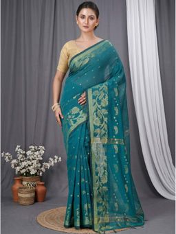 DipDiya - See Green Blended Cotton Traditional Bengali Turki Handloom Saree Without Blouse